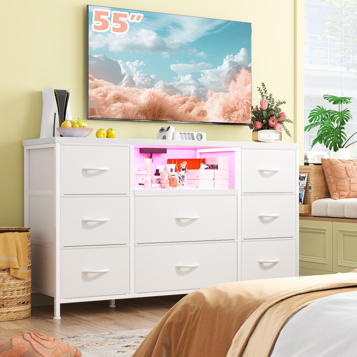 White Dresser TV Stand for 55'' with LED Lights & Charging Station, Dresser for Bedroom with 8 Drawer, Chest of Drawers with Open Shelves, 6 Adjustable Feet, Hallway, Entryway EnHomee