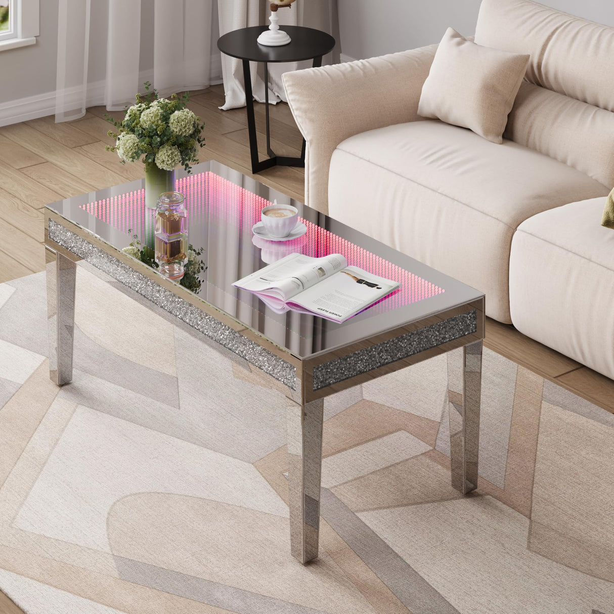 Alohappy Mirrored Coffee Table with Lasagna Light, Glass Rectangle Coffee Tea Table with Crushed Diamond for Living Room, Tempered Glass Silver Coffee Table for Bar, Game Room Decor Alohappy