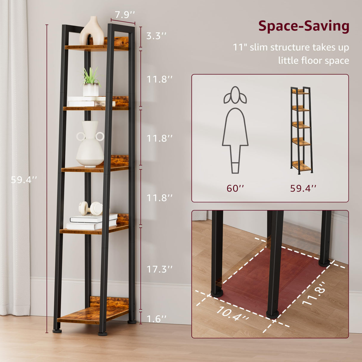 KLUVIS Narrow Ladder Shelf for Small Spaces - 5 Tier Thin Bookshelf Skinny Book Shelves Slim Bookshelves 60 inch Tall, Farmhouse Brown (02BN) KLUVIS