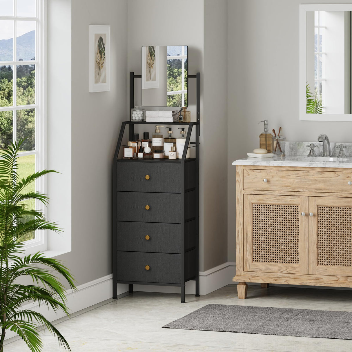 HIGDBFE Dresser with Mirror, 4 Drawers Dresser with 2-Tier Shelves, Freestanding Fabric Chest of Drawers for Small Space, Tall Narrow Nightstand Vanity for Bedroom, Hallway, Dorm, Black, 15.3" W HIGDBFE