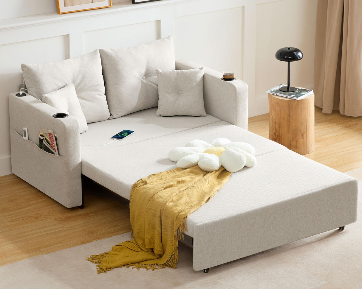 Busaurus 3 in 1 Convertible Sofa Bed, 56" Full Size Loveseat Sleeper Sofa Couch Bed, Sleeper Sofa Bed with Storage Pocket, USB, Comfy Pull Out Sofa Bed for Living Room, Bedroom, Small Space, Beige Busaurus