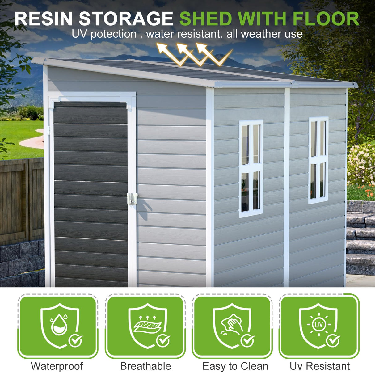 WACASA Outdoor Storage Sheds with Floor, 8X4FT Waterproof Resin Sheds with Lockable Door, Window & Vents, Plastic Storage Shed for Patio, Garden, Yard, Tools WACASA