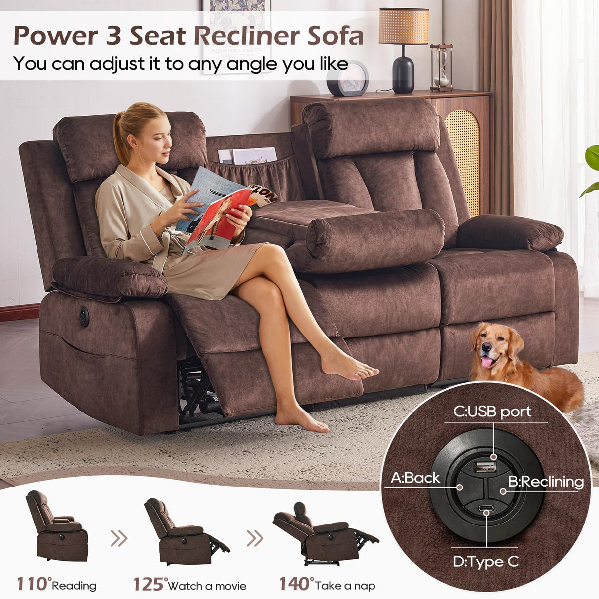 RIHEREFY Velvet Reclining Couch Set, Loveseat Recliner Sofa with Console, Cup Holder, USB & Type C, Massage & Heat, Modern Living Room Furniture, Brown, 82" W x 35.9" D x 42.5" H RIHEREFY