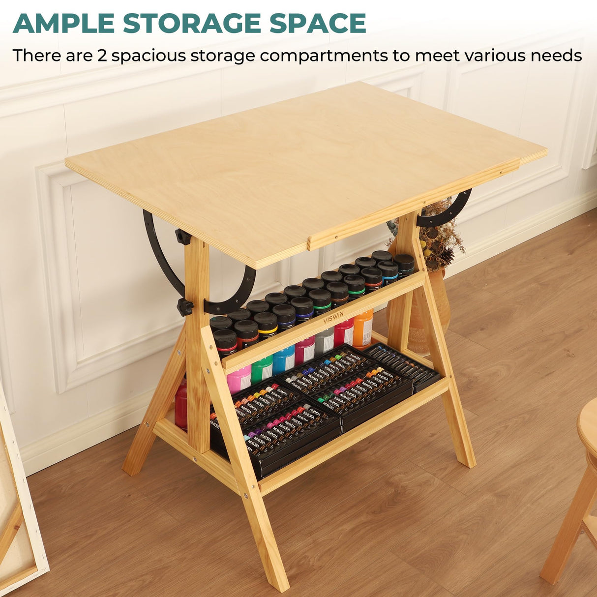 VISWIN Wood Drafting Table for Adults, Drawing Table with Adjustable Angle & 2-Tier Storage Racks for Art Studio, Solid Pine Wood Artist Desk for Drawing, Drafting, Writing, Reading, Sketching VISWIN