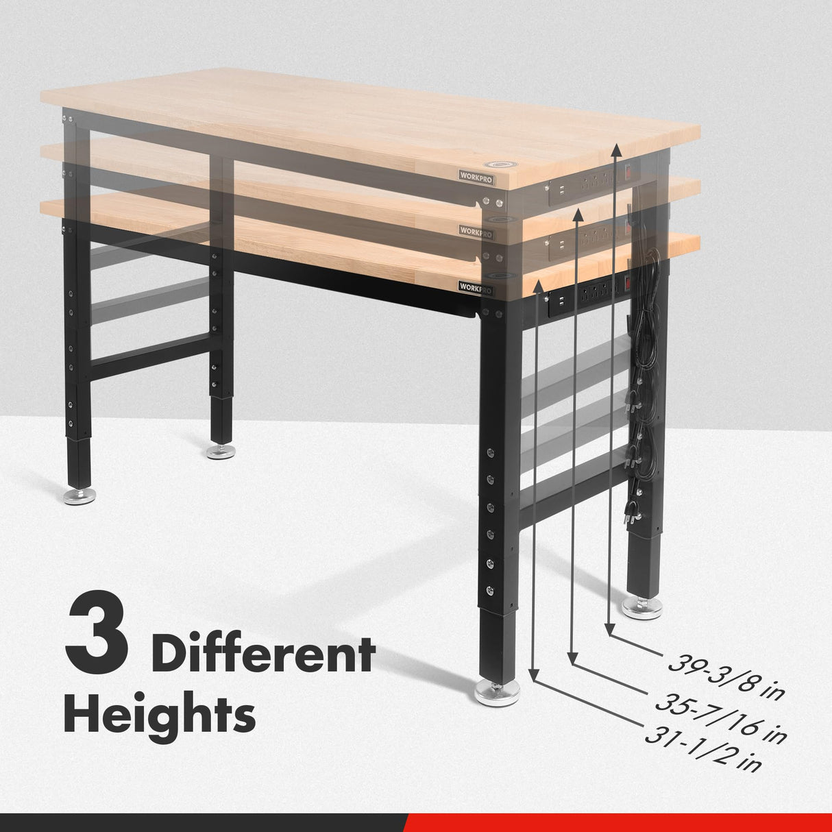 WORKPRO 48" Adjustable Workbench, Rubber Wood Top Heavy-Duty Workstation, 2000 LBS Load Capacity Hardwood Worktable with Power Outlets, for Workshop, Garage, Office, Home, Pack of 2 WORKPRO