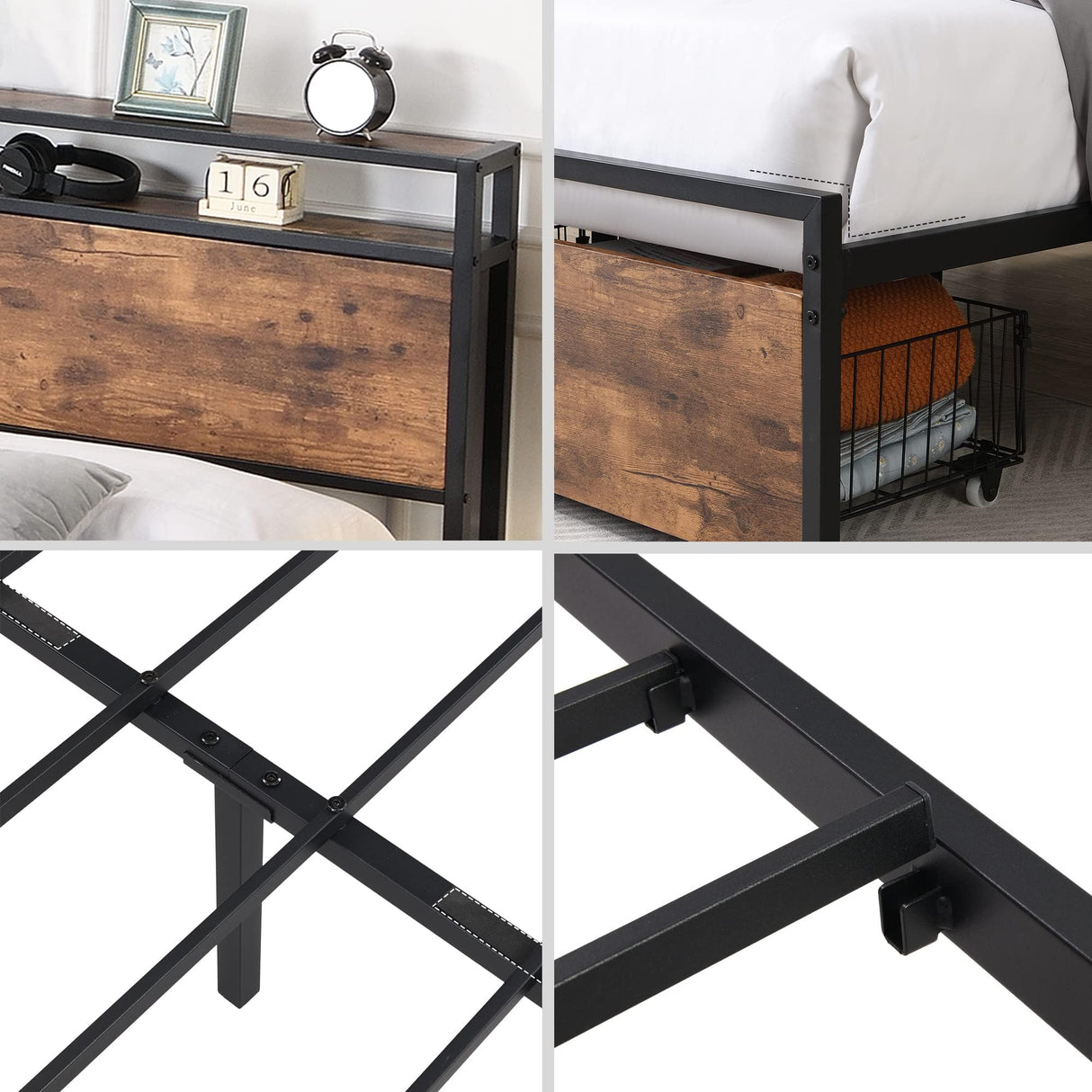 XKLOGER Queen Bed Frame with Headboard, Metal Platform Bed Frame with Charging Station & 2 Storage Drawers, Easy Assembly/Noise-Free/No Box Spring Needed/Brown XKLOGER