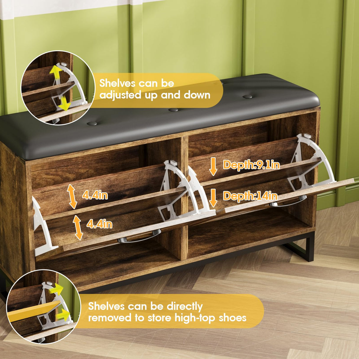 Maupvit Shoe Cabinet with 2 Flip Drawers & Coat Rack, Shoe Storage Bench with Seat Cushion for Entryway, 5 Large Sturdy Metal Hooks - with Locking Wall Parts, Farmhouse Brown Maupvit