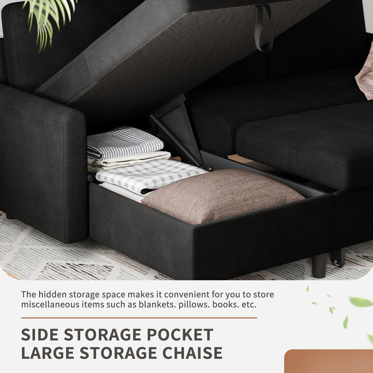 Walsunny Sectional Sofa Couch Bed L Shaped Sleeper Sofa Bed Pull Out Bed with Storage, Reversible Sectional Couches for Living Room, Apartment, Office(Black) Walsunny