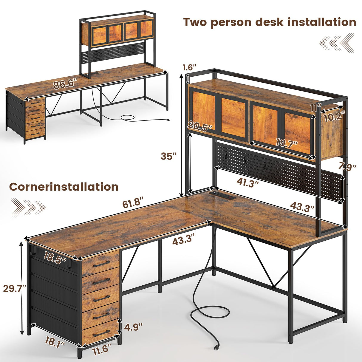 SEDETA L Shaped Gaming Desk with Drawers, L Shaped Computer Desk with Hutch and Storage Shelves, Gaming Desk with Pegboard, Led Lights, and Power Outlet, Home Office Desk, Corner Desk, Rustic Brown SEDETA