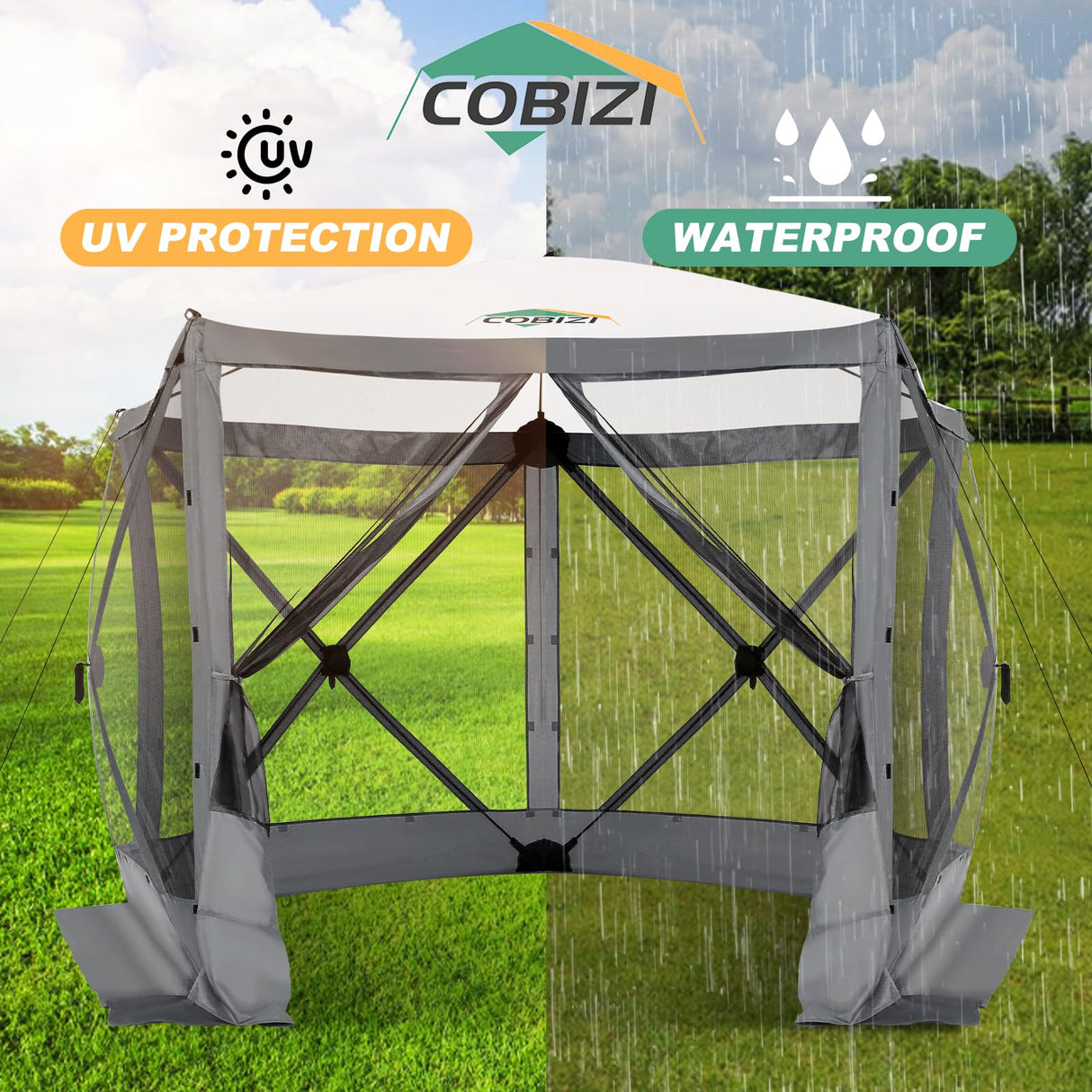 COBIZI 10x10ft Pop up Gazebo Screen House for Camping, Pop-up Camping Canopy Tent with Sidewalls,Portable Outdoor Quick-Set Hub Tent with Carrying Bag&Ground Stakes,Gray(Upgraded 2.0) COBIZI