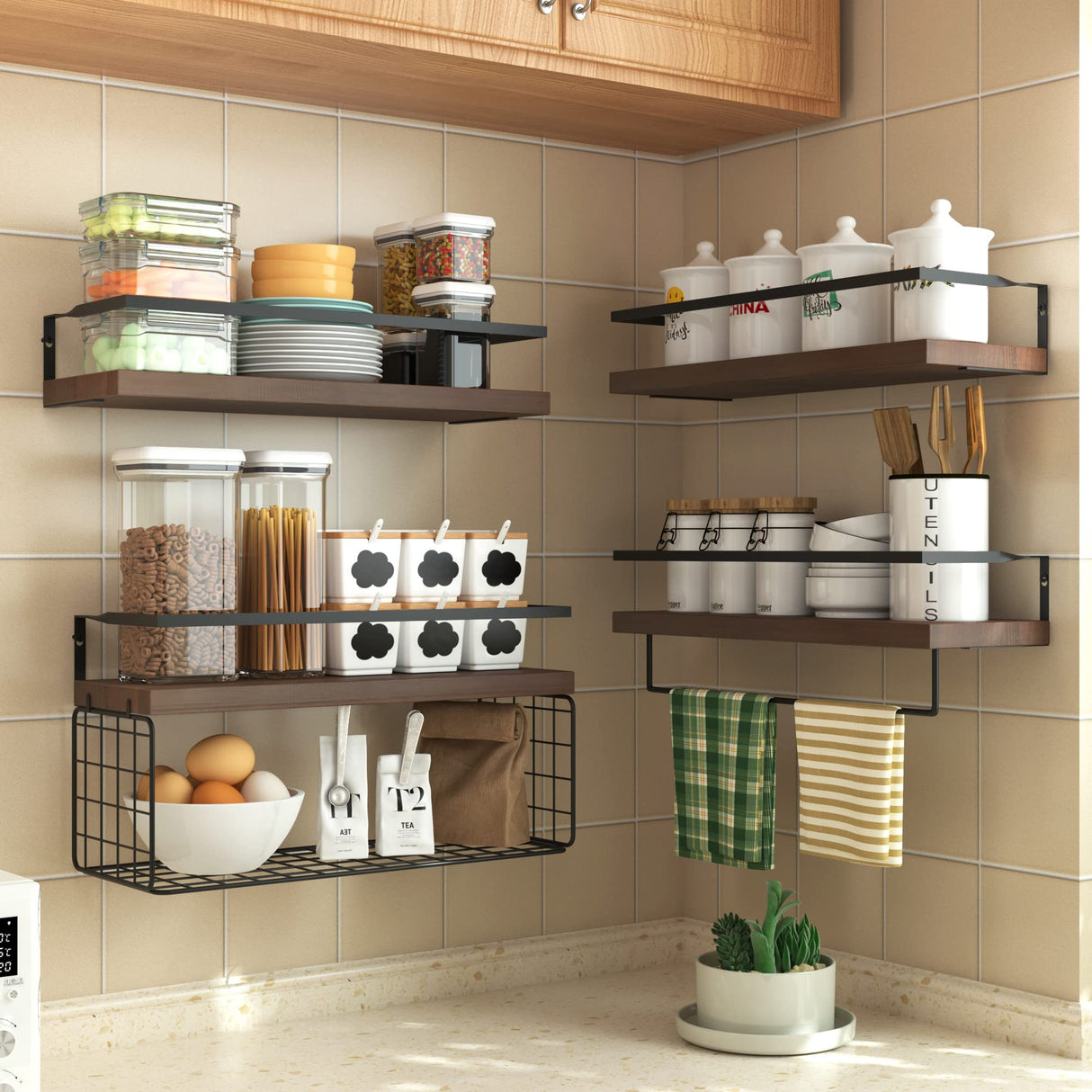 LUDORU Wood Floating Shelves Wall Mounted - 4+1 Tier Rustic Bathroom Wall Shelves Over Toilet with Wire Storage Basket and Towel Bar, Set of 4 Farmhouse Floating Shelf for Bathroom, Kitchen, Bedroom. LUDORU