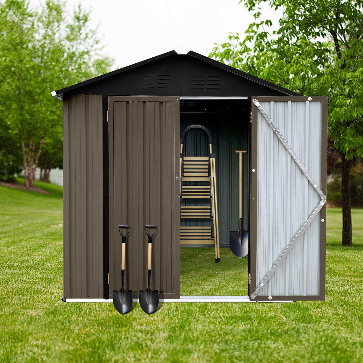 73” Outdoor Storage Cabinet with Lockable Door, 4FTx6FT Metal Storage Shed for Patio Garden, Apex Roof, Easy Assembly (Brown) Nahenduo