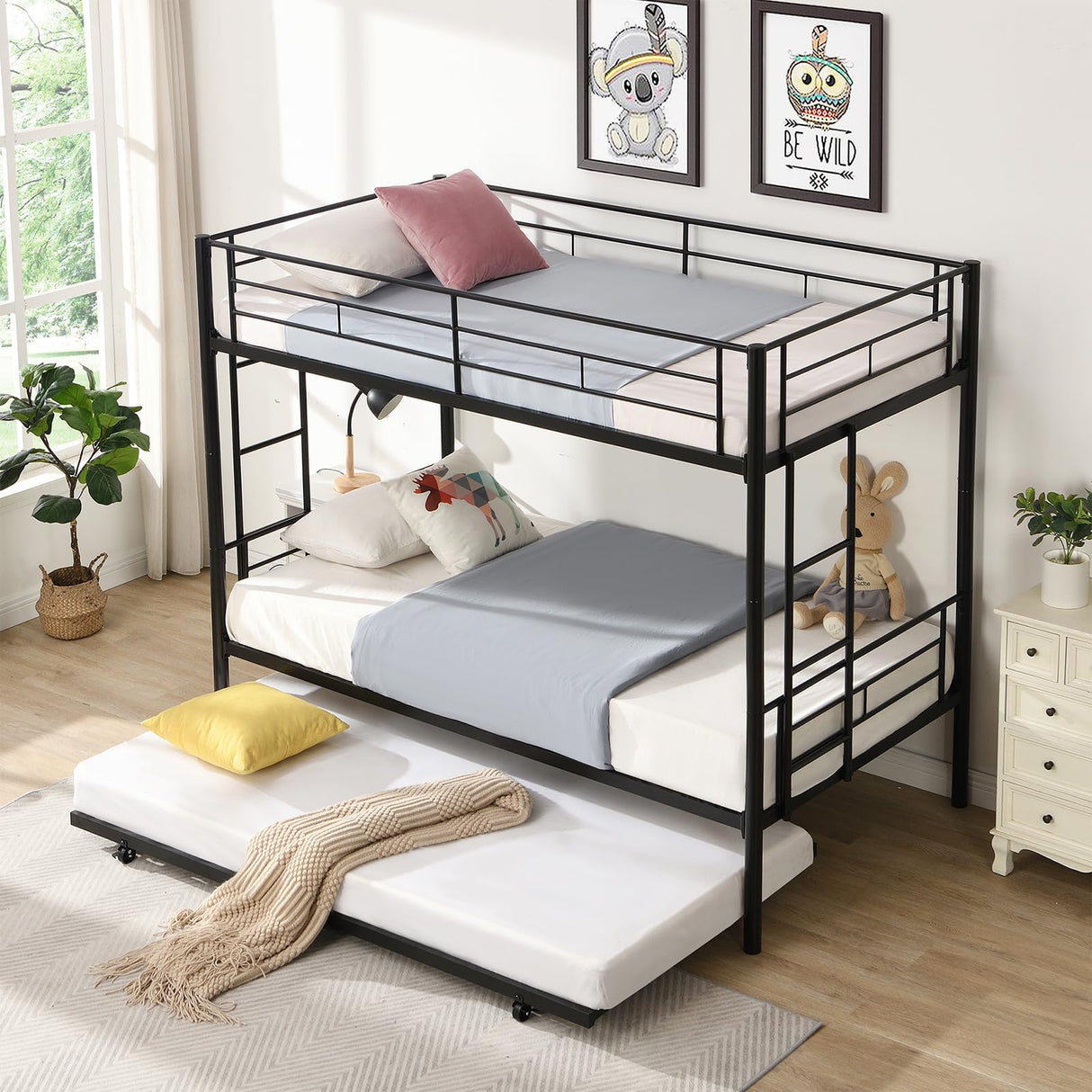 Twin-Over-Futon Convertible Couch and Bed, Metal Futon Bunk Bed with Guardrails and Ladder, Sturdy Steel Foldable Sofa-Bed for Kids Adults Teens (Bunk Bed, Twin) Anwick