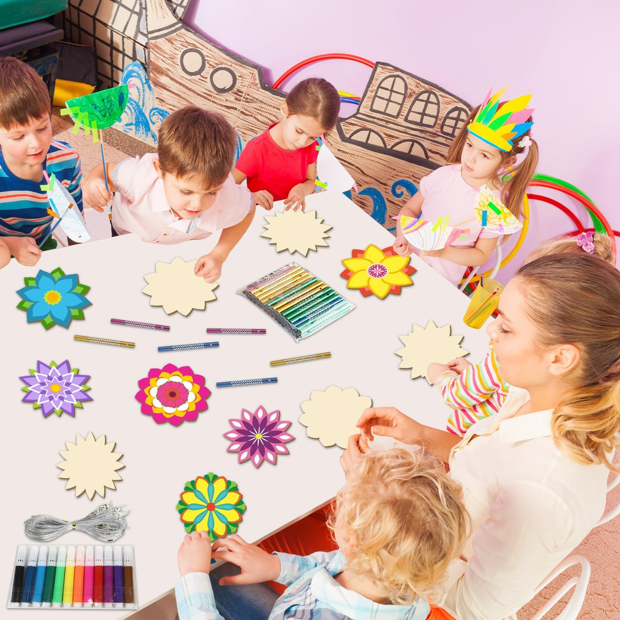 gisgfim 16 Pack Lotus Flower Wind Chime Crafts Kits for Kids Make Your Own Mandala Wind Chime Wooden DIY Arts and Crafts Decoration for Xmas Party School Classroom Decorations Supplies Birthday Favors gisgfim