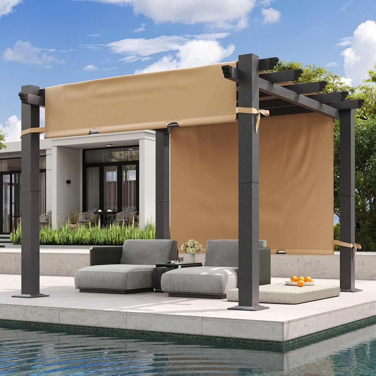 Aoxun 10'x10' Outdoor Pergola, Retractable Adjustable Roof, Aluminum Sun Shade Canopy, Modern Metal Patio Brown Shade Cover for Garden, Backyard and Deck Aoxun