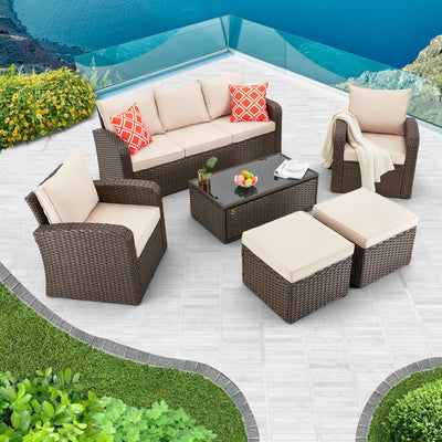 HOMREST 6 Pieces Patio Furniture Sets, All Weather Wicker Patio Conversation Sets with Storage Glass Coffee Table, Outdoor Sectional Sofa w/Ottomans, Cushions & Pillows for Garden, Lawn, Balcony