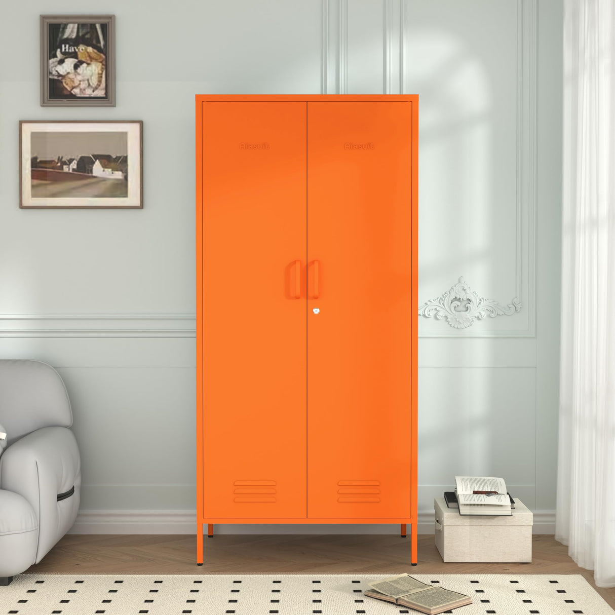 2 Door Wardrobe 67 Inch Orange Metal Storage Cabinet with Hanging Rod, Office Double Door Lockable Metal Adjustable Shelves Wardrobe Bedroom Home Office Storage Cabinet Size: 67"H x 31.5"W x 18.1"D Aiasuit