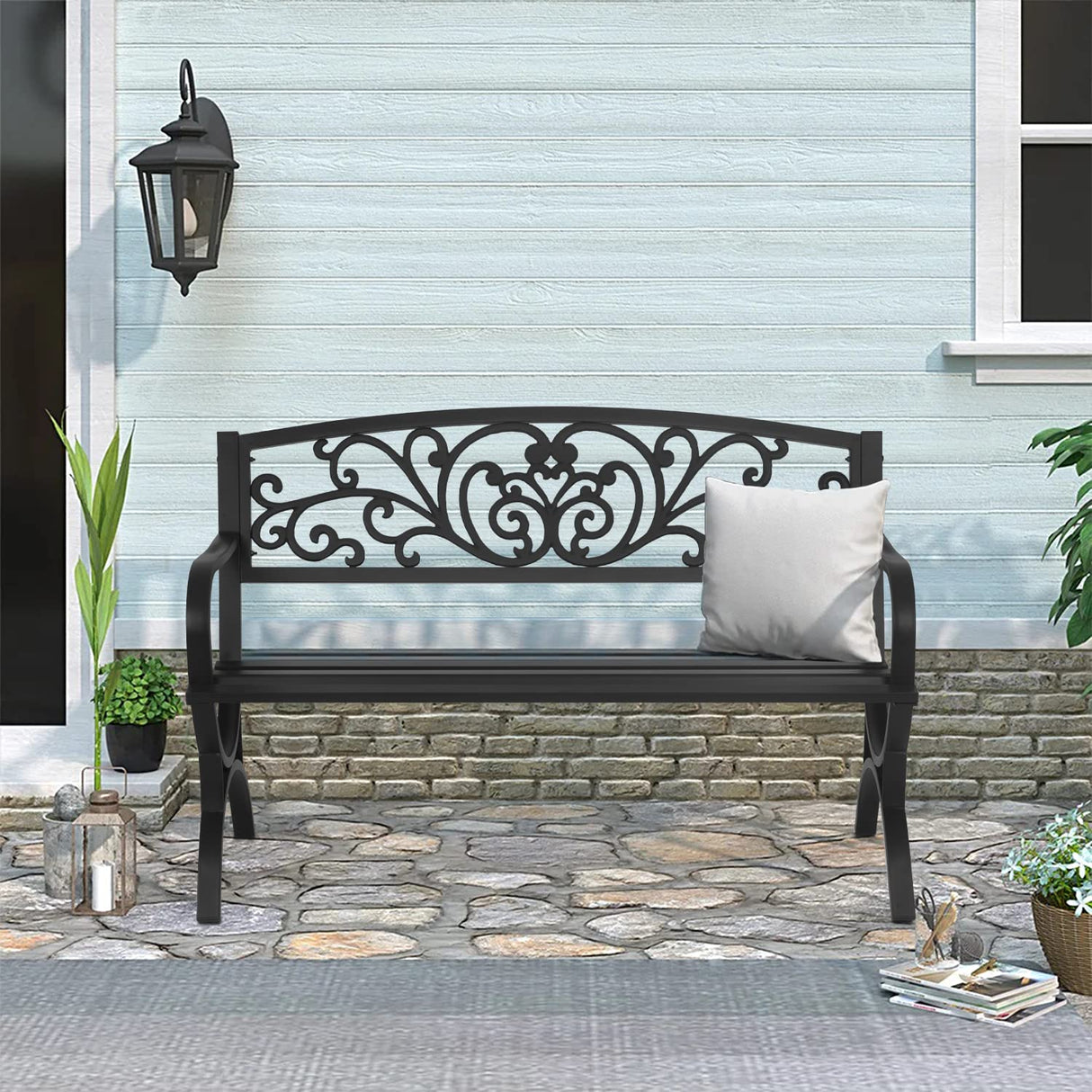 FDW Patio Garden Bench 50 inch Outdoor Metal Loveseat Chairs with Armrests Slatted Seat and w/Floral Design Backrest for Park, Yard, Porch, Lawn, Balcony, Backyard, Black FDW