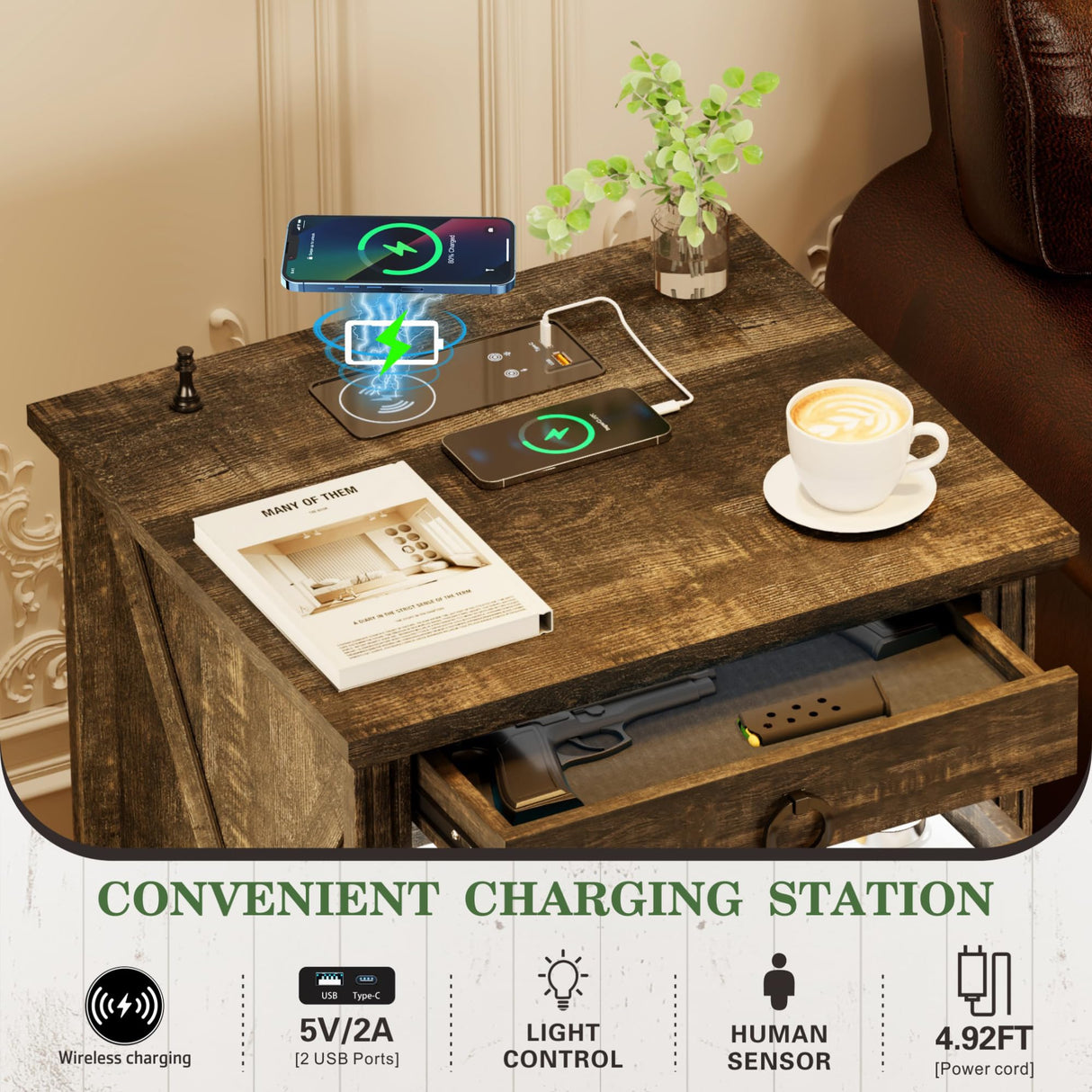 FREDEES Farmhouse Night Stand with Gun Drawer, Bedside Table with Charging Station, LED Nightstand with Human Sensor Light, Smart End Table for Bedroom Living Room, Rustic FREDEES