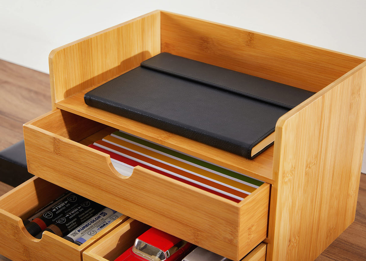 RoyalHouse Premium Natural Bamboo Desktop Organizer, Attractive Design 3 Tier, Table Top Storage for Documents & Office Supplies, Accessories And More, No Assembly Required (3 Drawer with Shelf) RoyalHouse
