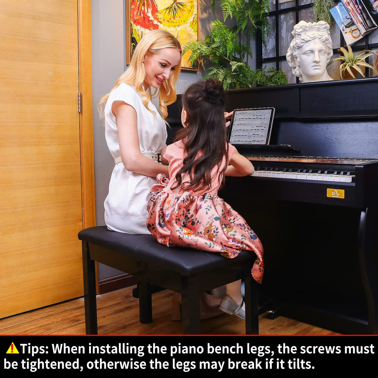 AODSK Black Wooden Duet Piano Bench with Padded Cushion and Storage Compartment AODSK