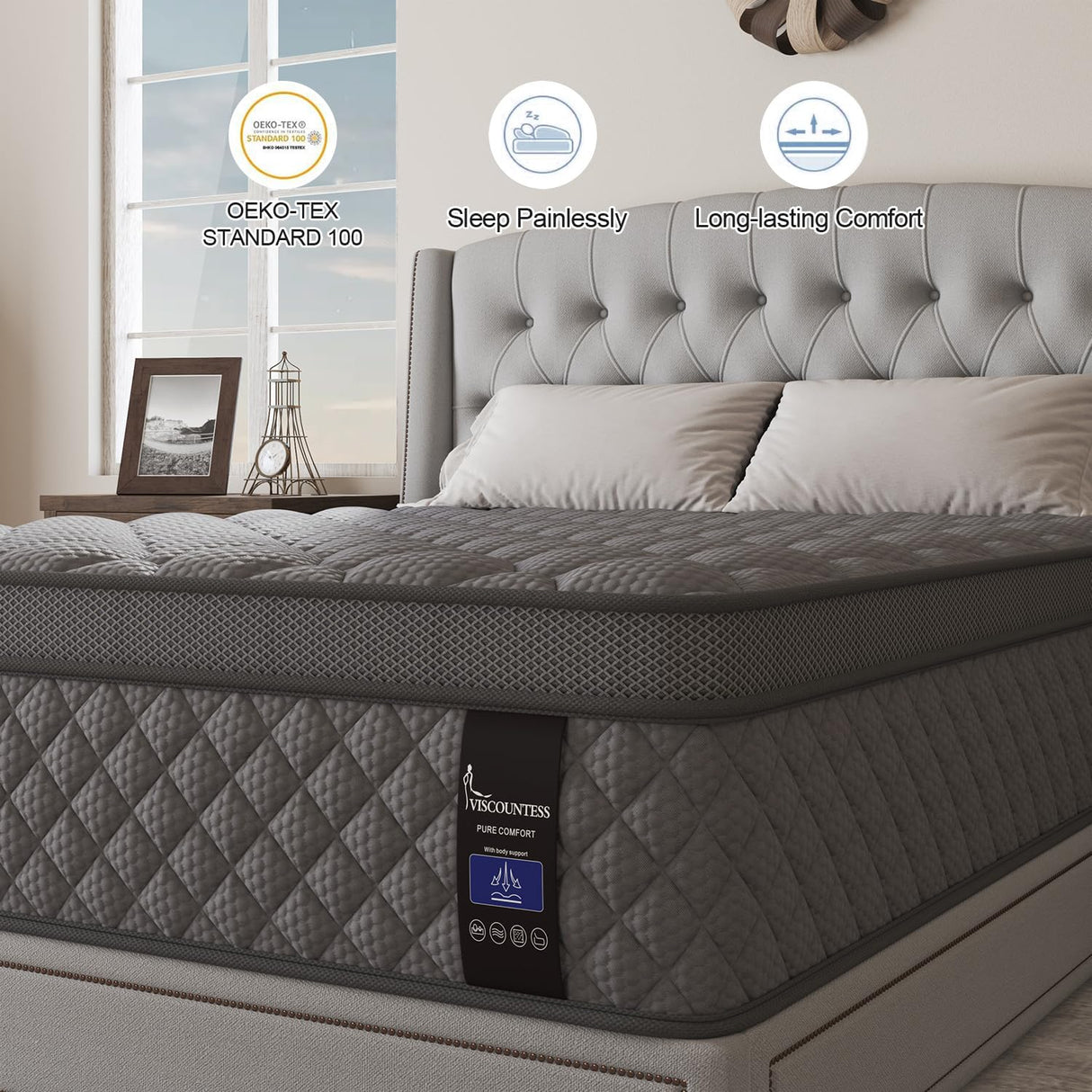 VISCOUNTESS King Mattress, 14 Inch Hybrid Mattresses Grey Euro Top Medium Firm for Back & Lumbar Support, 100 Night Trial, Individual Pocket Spring Bed for Motion Isolation & Pressure Relief VISCOUNTESS