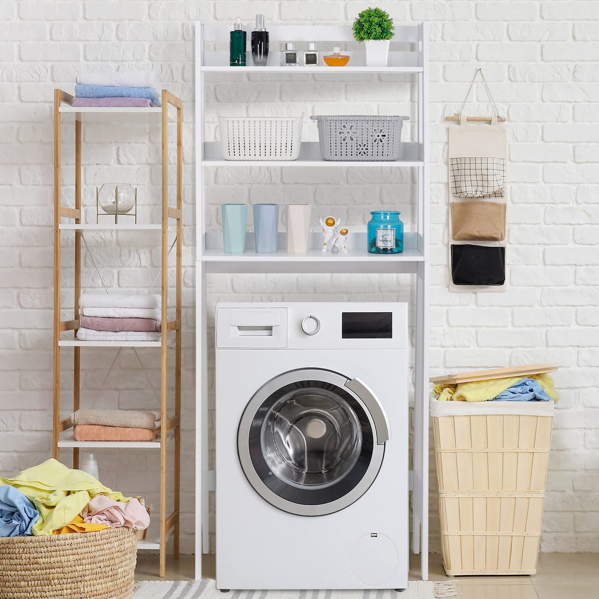 SUPER DEAL 3 Tiers Over The Toilet Bathroom Storage Shelf, Freestanding Wooden Bathroom Organizer Rack with Shelves for Laundry Restroom, White SUPER DEAL