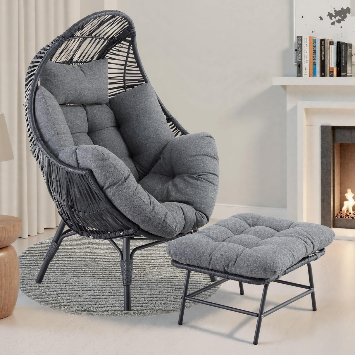 IRONCK Wicker Outdoor Egg Chair with Ottoman, Patio Lounge Chair with Footrest, Thickened Padded Cushion and Headrest, Egg Seat for Patio, Living Room, Garden, Balcony, Dark Gray IRONCK