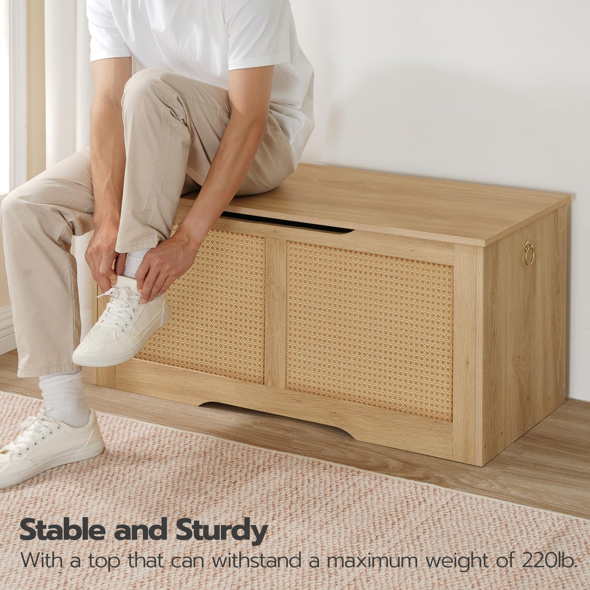 HOOBRO Storage Chest, 39.3" Storage Bench, Rattan-Like Storage Trunk, Sturdy Entryway Bench Supports 220 lb, Shoe Bench, Safety Hinge, U-Shaped Opening, Easy Assembly, Natural NL11CW01 HOOBRO