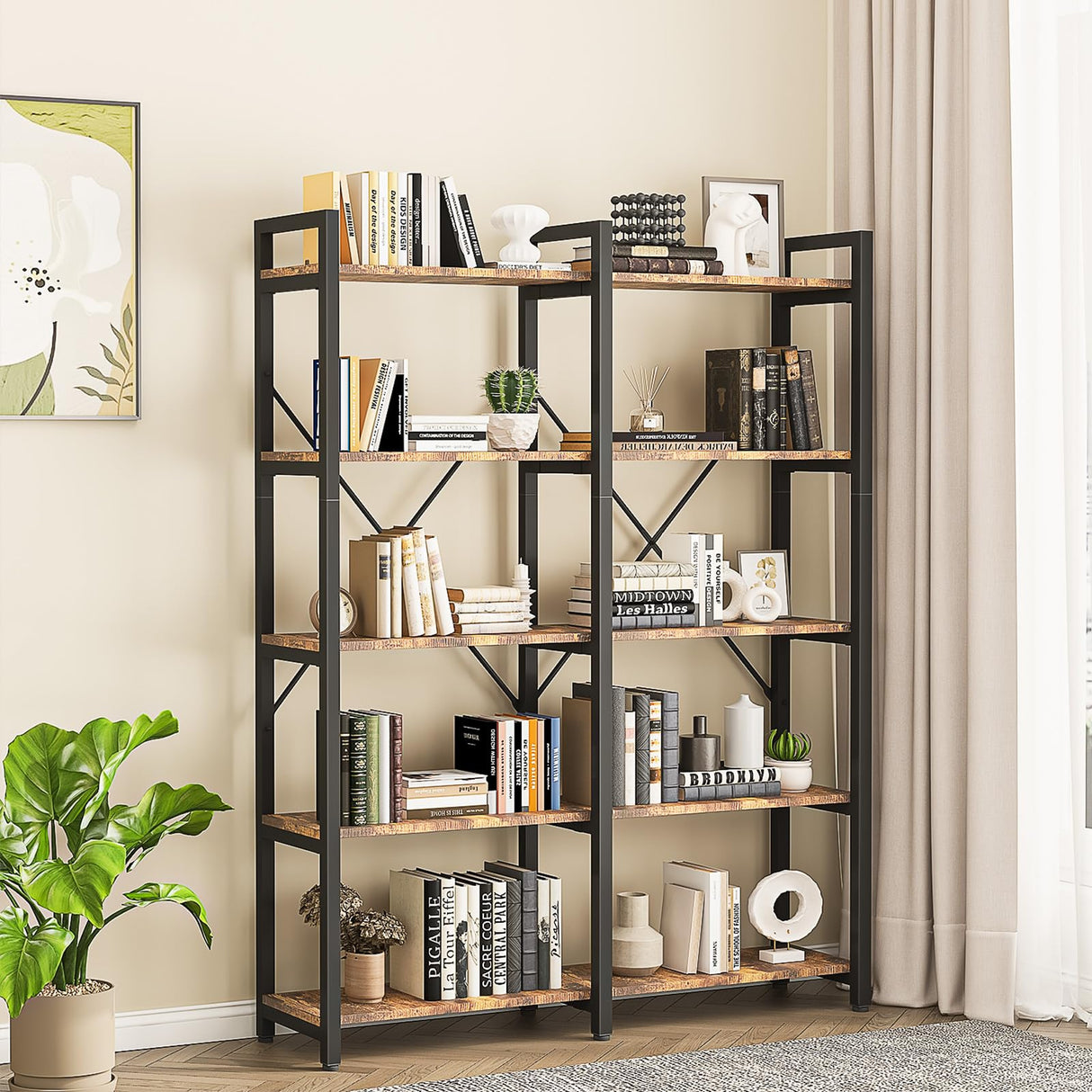 oneinmil Bookshelf 5 Tier, 58.7'' Industrial Book Shelf, Wooden Bookshelves with 10 Open Display Shelves, Vintage Storage Rack, Standing Wide Bookcase for Home and Office, Rustic Brown oneinmil