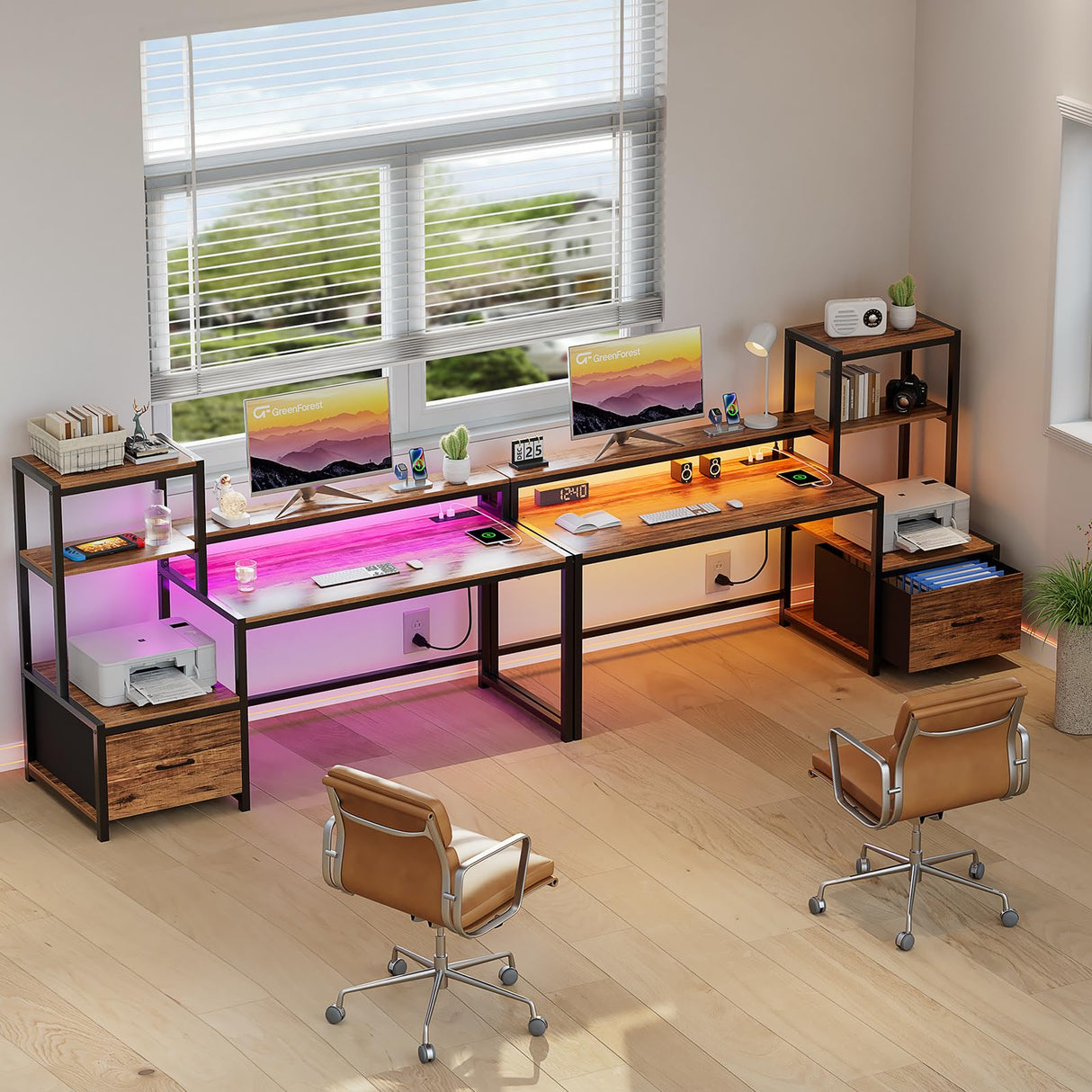 GreenForest Office Desk with Power Outlets and Printer Shelf, 59 inch Computer Desk with LED and Drawer, Reversible Gaming Desk with Storage for Home Study Working,Walnut GreenForest