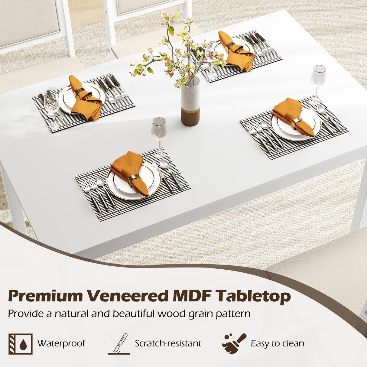 Tangkula Dining Table Set for 4, Farmhouse Solid Wood Dinette Set w/Rubber Wood Legs, Upholstered Seat & Padded Backrest, Mid-Century Modern Dining Table and Chairs Set for Kitchen, Dining Room Tangkula