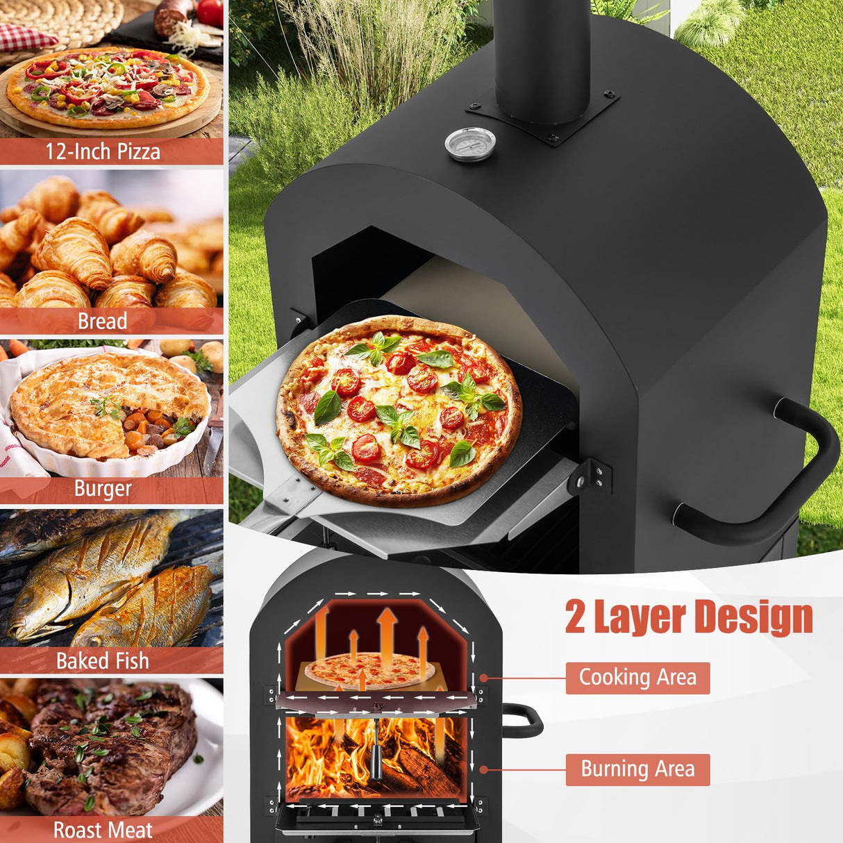 Giantex Pizza Oven Outdoor, Wood Fired Pizza Oven with Pizza Stone, Pizza Peel, Waterproof Cover, Cooking Grids, Pizza Maker with Wheels for Outside Camping Backyard Party (64 Inch) Giantex