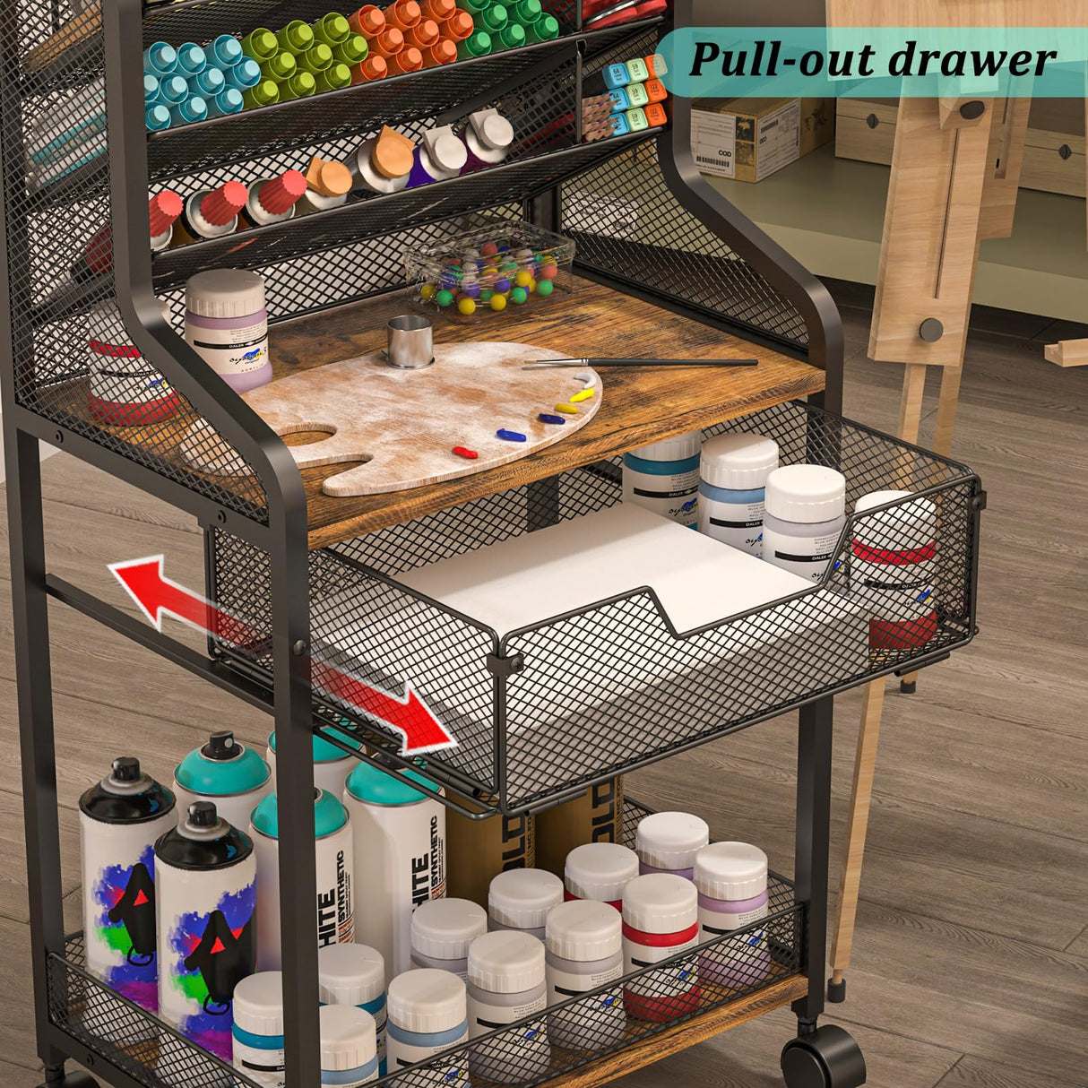 Small Rolling Utility Cart with Drawer, Metal Craft Storage Cart with Lockable Wheel, Versatile Art Organizer with 6 Tiers & Removable Dividers for Drawing Room, Store Paint & Artifact, Patent Pending Jakyitvi