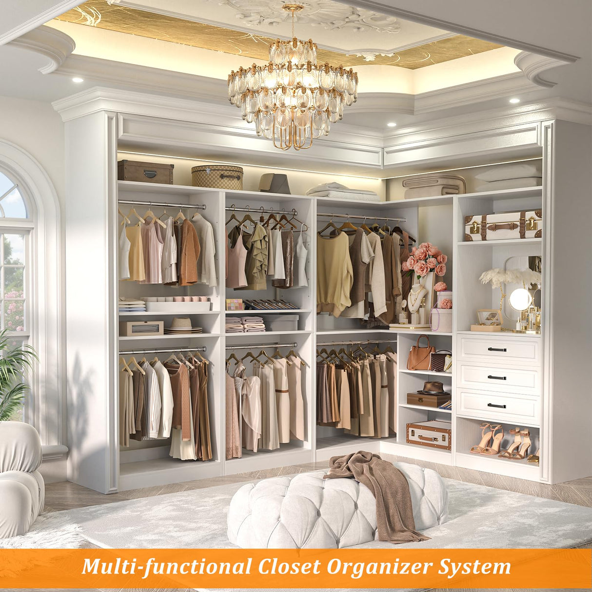 Unikito Closet System with Drawers,86” Modular Corner Closet Organizer System with Mirror,Freestanding Wood Wardrobe Organizer with Hanging Rods & Adjustable Shelves, Walk in Closet Tower, White Unikito