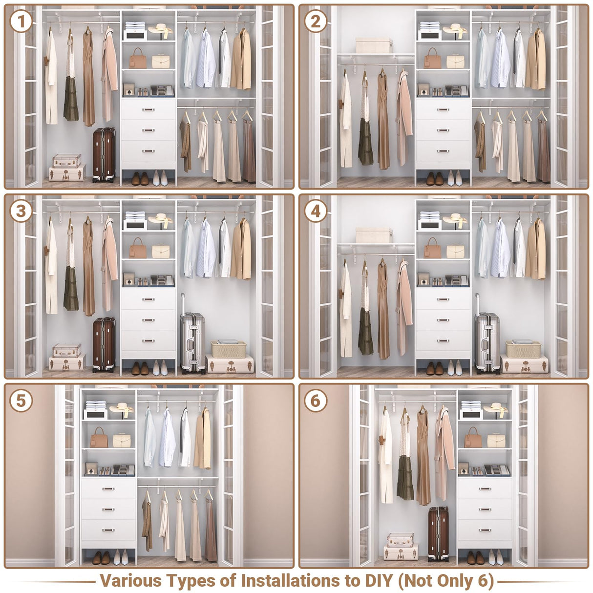 Besiost Closet System with Drawer - 8FT Wood Closet Organizer System with 3 Hanging Rods and Shelving Tower, 96" Walk In Closet Organizer Wardrobe, Heavy Duty Garment Rack Clothes Rack, White Besiost