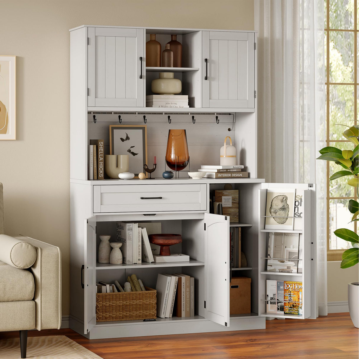 Lefurture 71” Tall Kitchen Pantry Cabinet with LED Light & Outlet & Drawer, Pantry Storage Cabinet with Microwave Shelf & 6 Hooks, Kitchen Hutch with Door Shelves & Adjustable Shelves, for Dining Room Lefurture