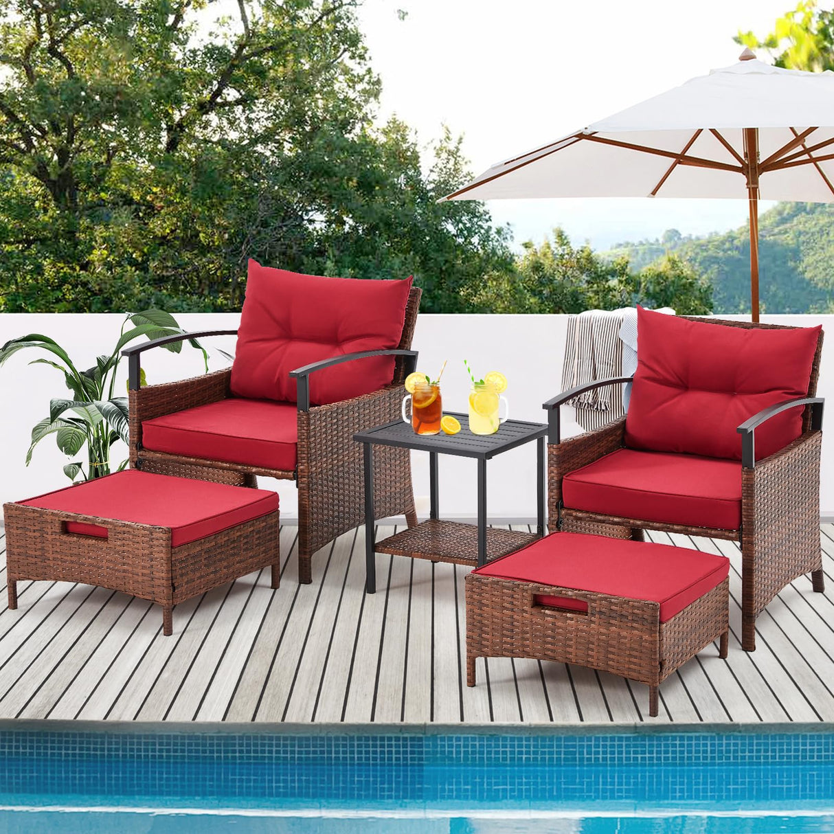 AVAWING 5 Pieces Patio Furniture Set, Outdoor Rattan Chairs with Metal Coffee Table, Ottomans & Soft Cushions, Wicker Conversation Bistro Set for Garden, Porch, Deck, Balcony (Red) AVAWING