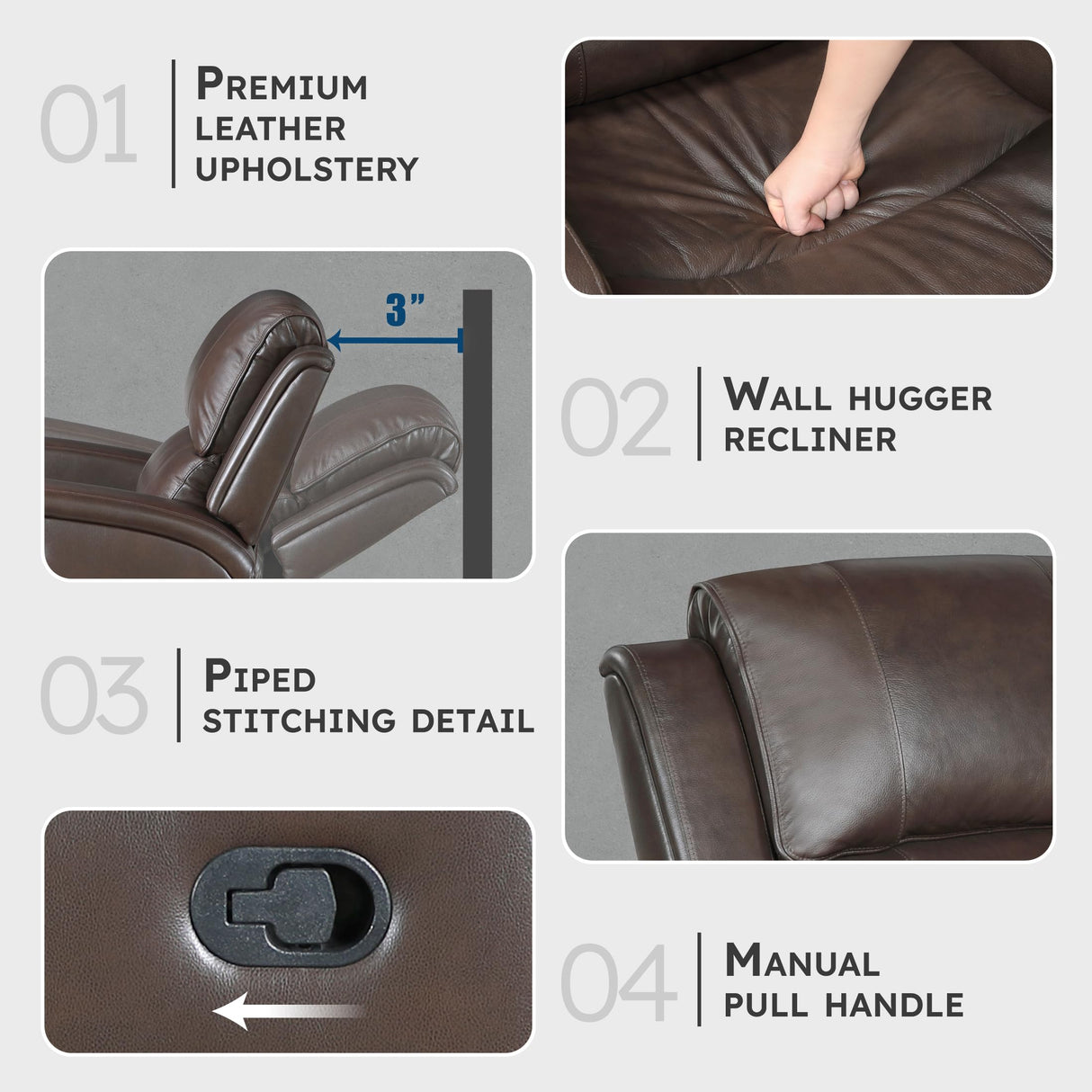 Lexicon Manual Reclining Chair, Top Grain Leather Match Wall Hugger Recliner Chair, Tab Pull Reclining, High Density Foam Over Pocket Coils, for Living Room/Reading Nook/Bedroom, Brown Lexicon