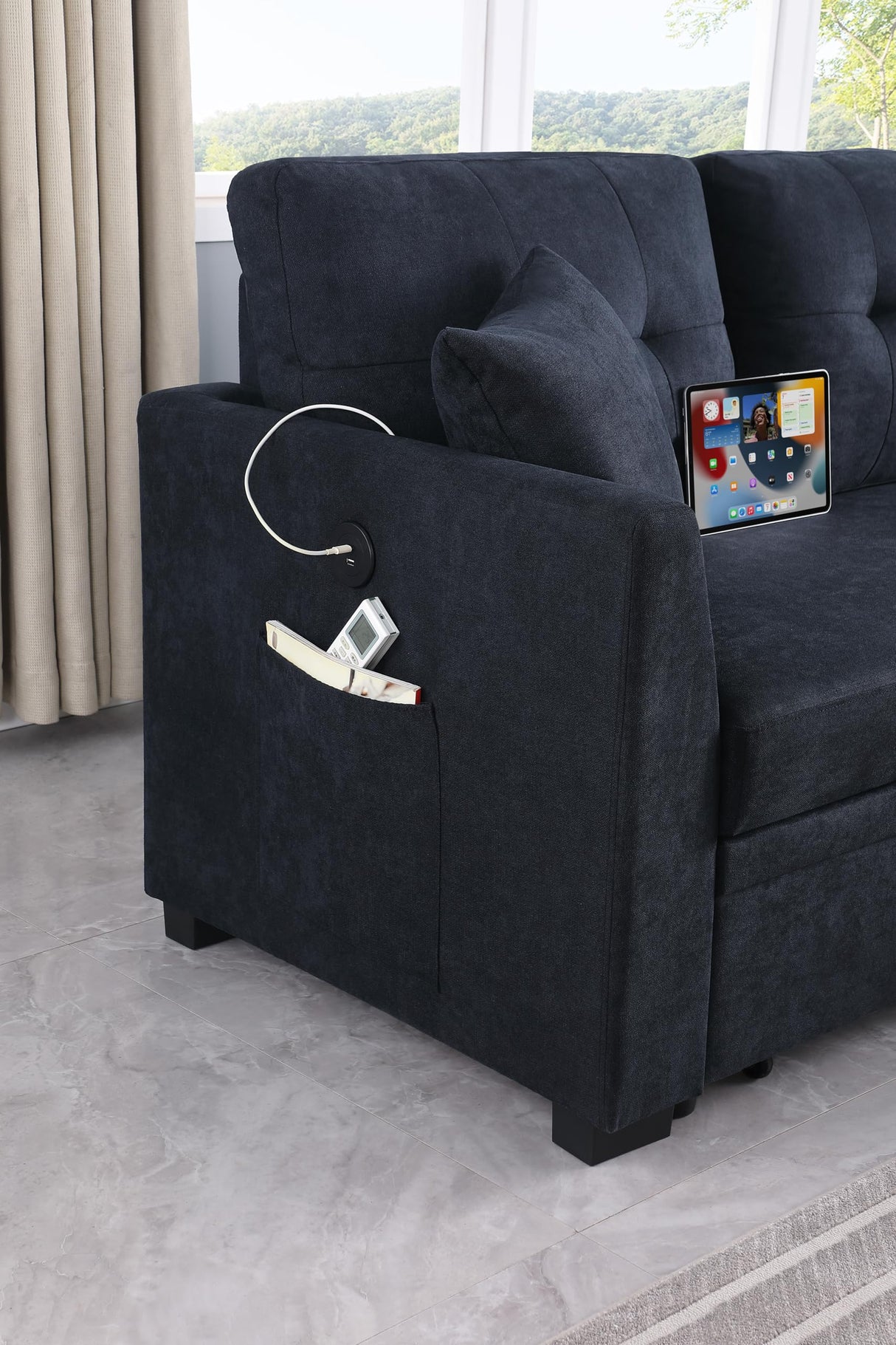 Eafurn L-Shape Reversible Sectional Sofa Bed Convertible Sleeper Corner Couch w/USB Ports and Storage Chaise, 4 in 1 Pull-Out Sofabed for Living Room, Apartment, Office Eafurn