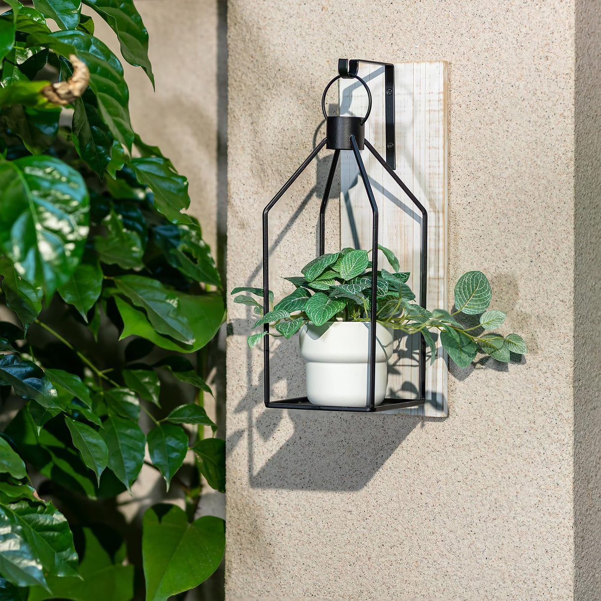 Staymoment Candle Sconces Wall Decor Set of 2: Farmhouse Wood Candle Holder - Indoor Black Metal Lantern Decorations for Living Room Front Porch Yard, Washwhite Staymoment