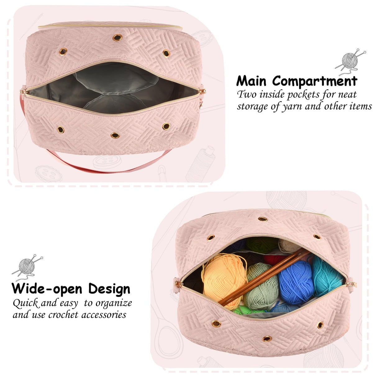 Crochet Bag Organizer, Yarn Storage Organizer, Yarn Holder for Crochet with Adjustable Shoulder Straps, Knitting Bag for crocheting, Crochet Hook Case Gifts for Crocheters (Pink) Uawsyut