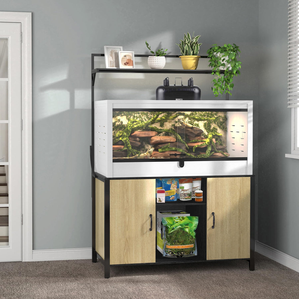 GDLF Reptile Tank Stand Terrarium Stand with Cabinet for Accessories Storage 48" X 24" Tabletop Fits up to 120 Gallon Bearded Dragon Tank, Reptile Terrarium,turtle tank,Natural Wood Color GDLF