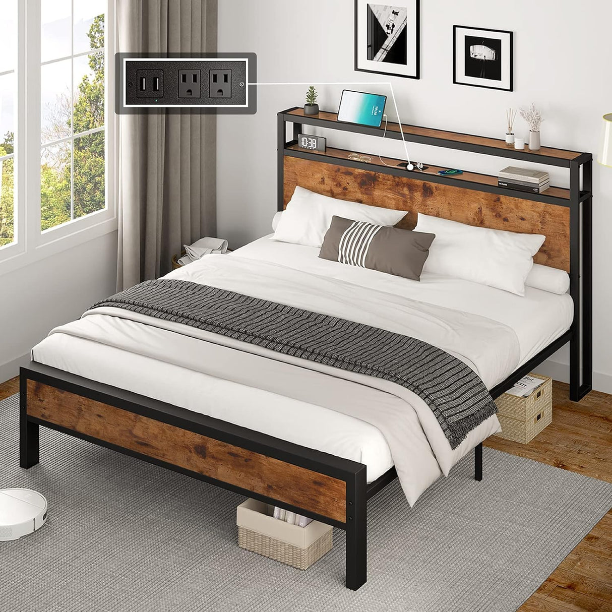 AMERLIFE Full Size Bed Frame, Industrial Platform Bed with Charging Station, 2-Tier Storage Headboard/No Box Spring Needed/Noise-Free/Dark Brown AMERLIFE