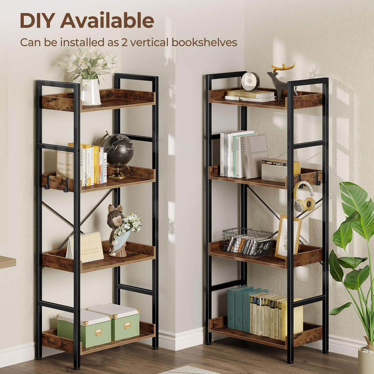 Rolanstar Bookshelf 4 Tiers with 4 Hooks, Triple Bookcase with Open Display Shelves, Industrial Wide Bookshelf with Metal Frame for Living Room, Office, Rustic Brown
