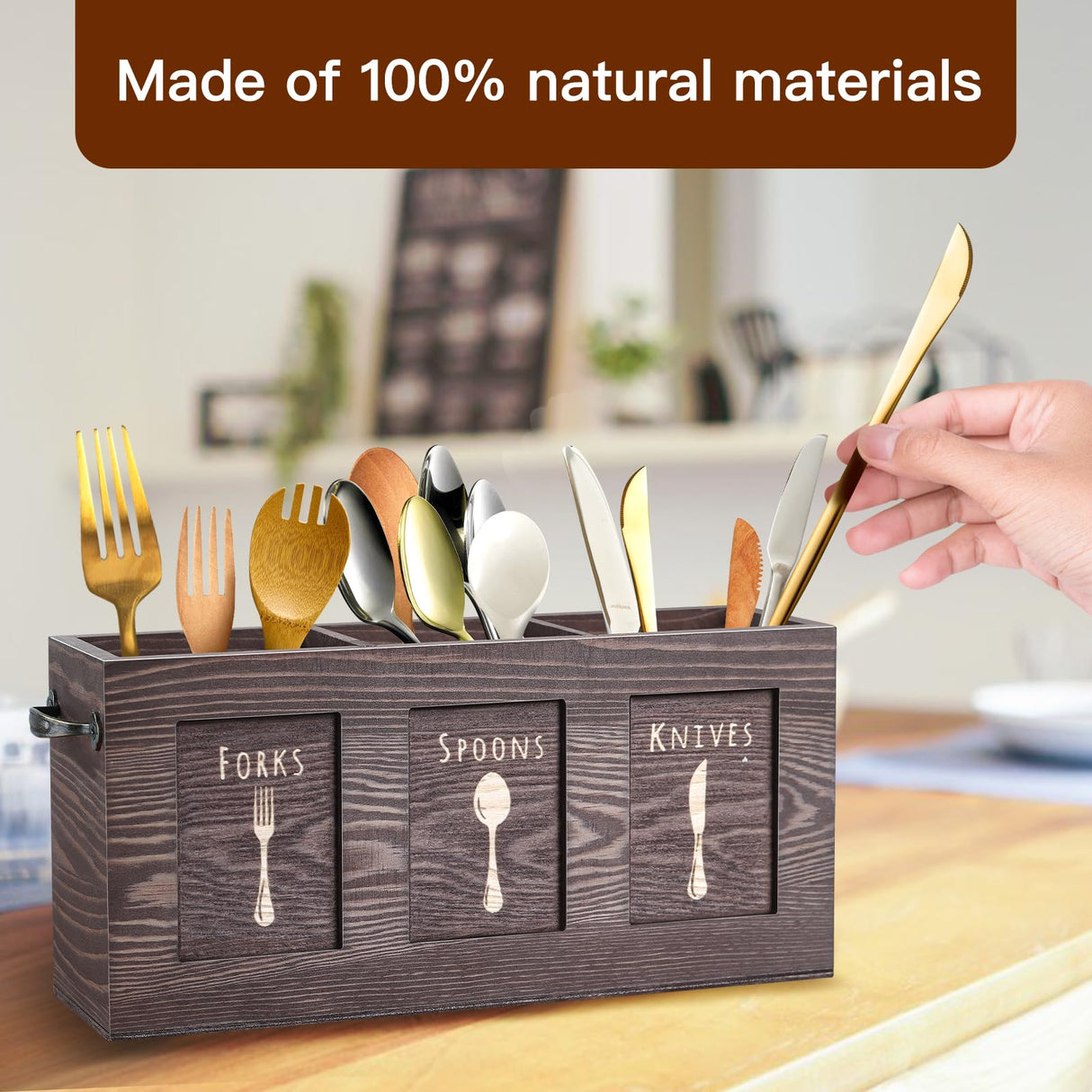 MINCORD Wood Flatware, Cutlery, Kitchen Utensil & Silverware Caddy Organizer Bin Holder for Kitchen Countertop, Perfect for Forks, Spoons, Knives MINCORD