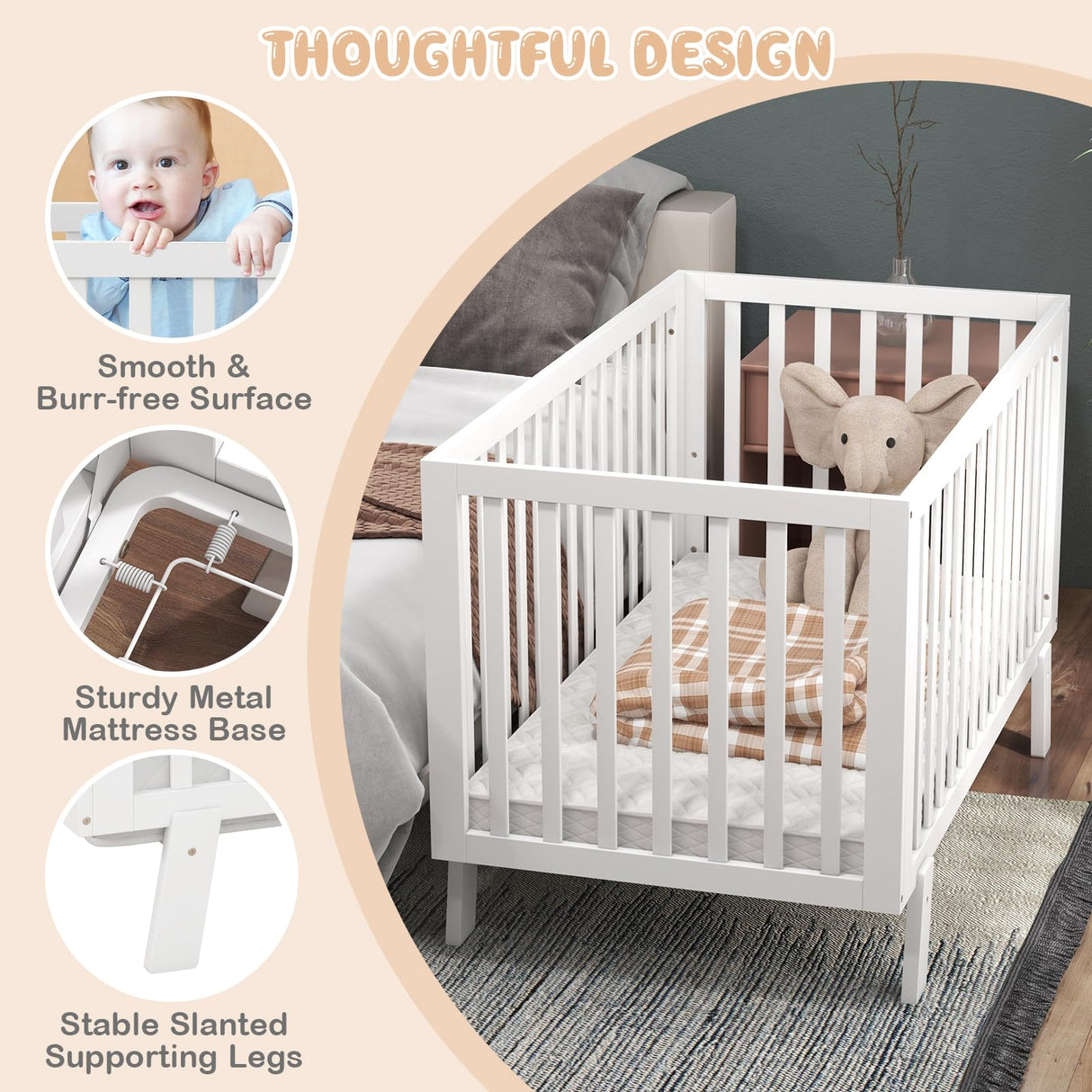 BABY JOY Wooden Baby Crib, Rubber Wood Mini Crib w/ 3-Height Adjustable Mattress Support Base & Full-Length Guardrails, Toddler Bedroom Furniture Fence Bed (White) BABY JOY