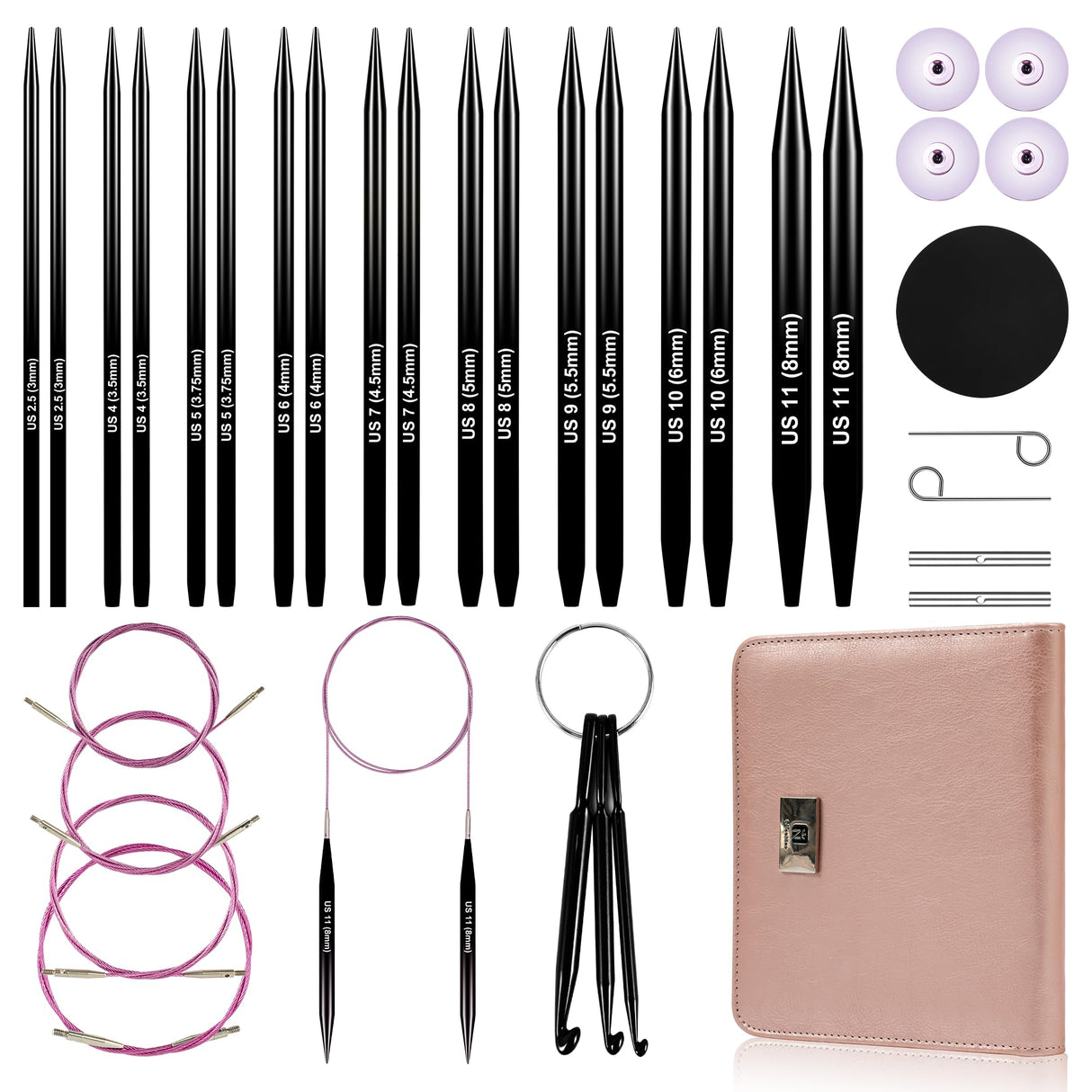 Froggod 4.53-inch (11.5cm) Interchangeable Circular Knitting Needles Set Aluminum US Sizes 2.5, 4, 5, 6, 7, 8, 9, 10, 11 with Interchangeable Knitting Needles and Cables, Accessories and Case, 9 Pairs Froggod