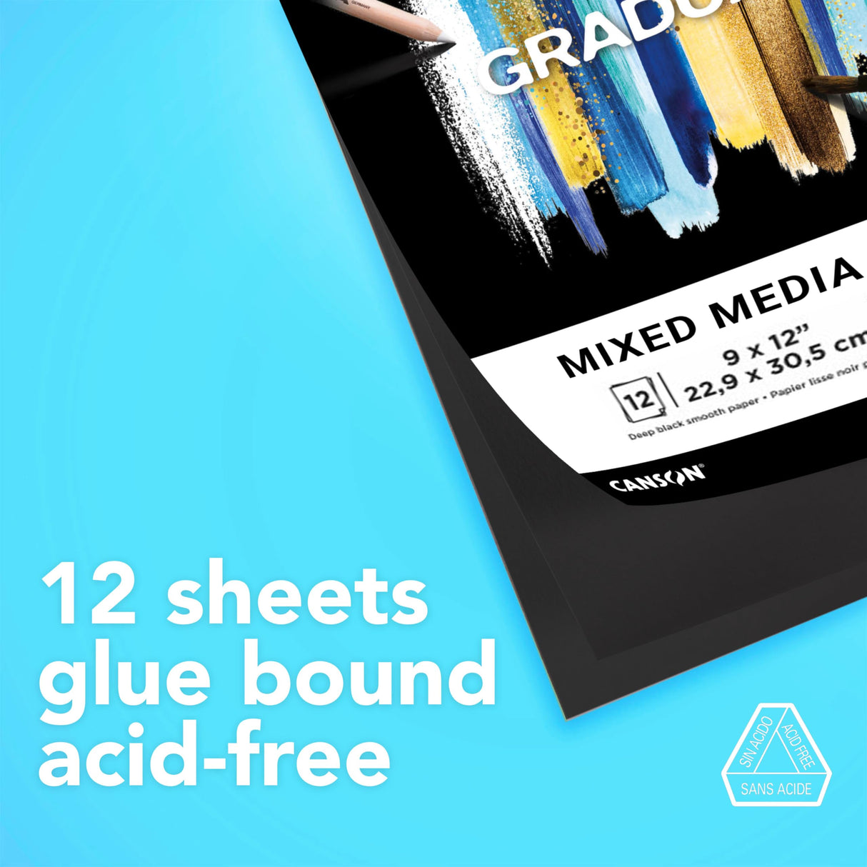 Canson Graduate Black Mixed Media Pad, Foldover, 9x12 inches, 12 Sheets - Artist Paper for Collage, Watercolor, Ink, Pencil, Marker Canson