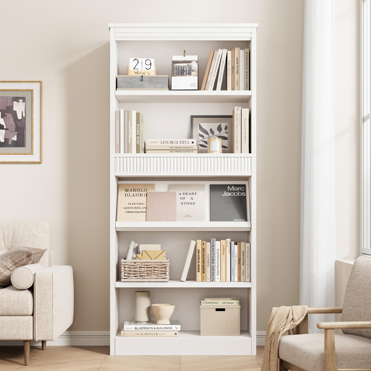 GarveeHome 71 in Farmhouse Bookcase w/Display Rack & Fluted Design, 5 Tier Tall Bookshelf with Wooden Base, Wood Bookshelf Vintage Book Shelf for Office Library (White, 71.5" H x 30.7" W x 11.9" D) GarveeHome